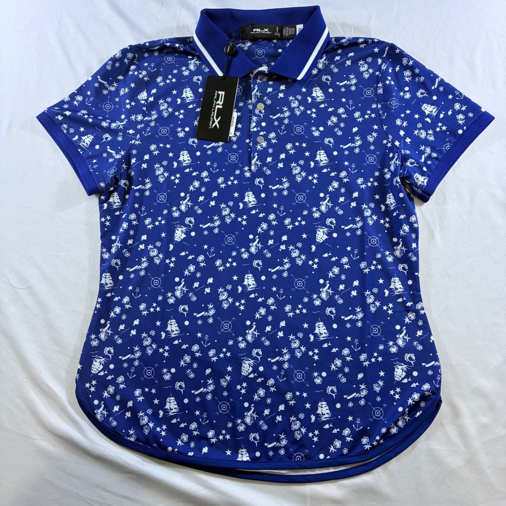 RLX Ralph Lauren Womens Golf Polo Shirt Blue Nautical Sailboat Print Small NWT